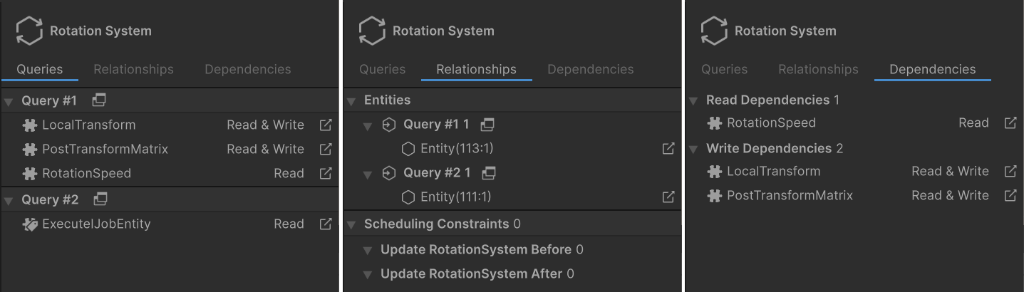 Systems Inspector: Queries (left), Relationships (middle), Dependencies (right)