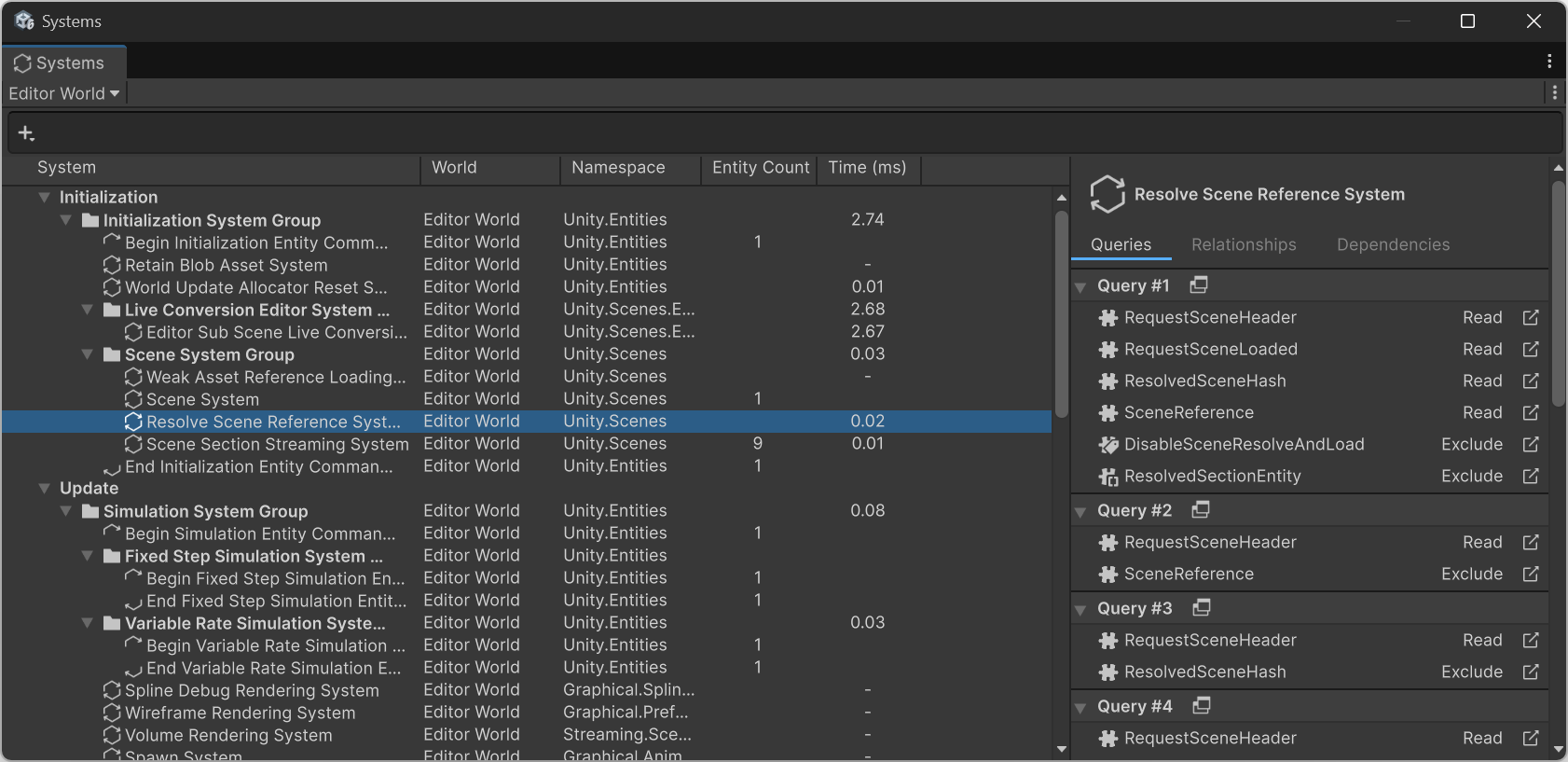 Systems window showing hierarchical ordering of system updates