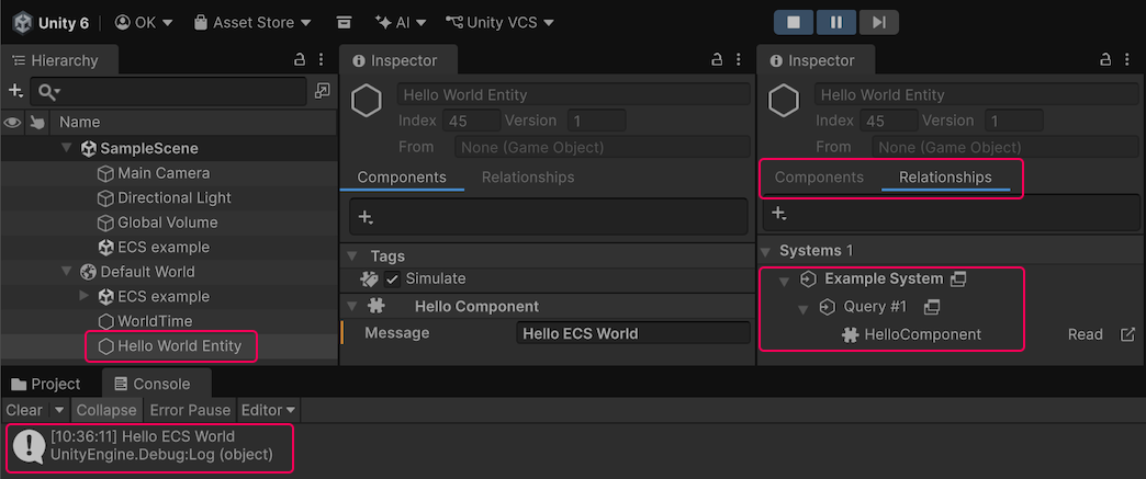 The Hierarchy window displaying the new entity. The Inspector displays the new ECS component.