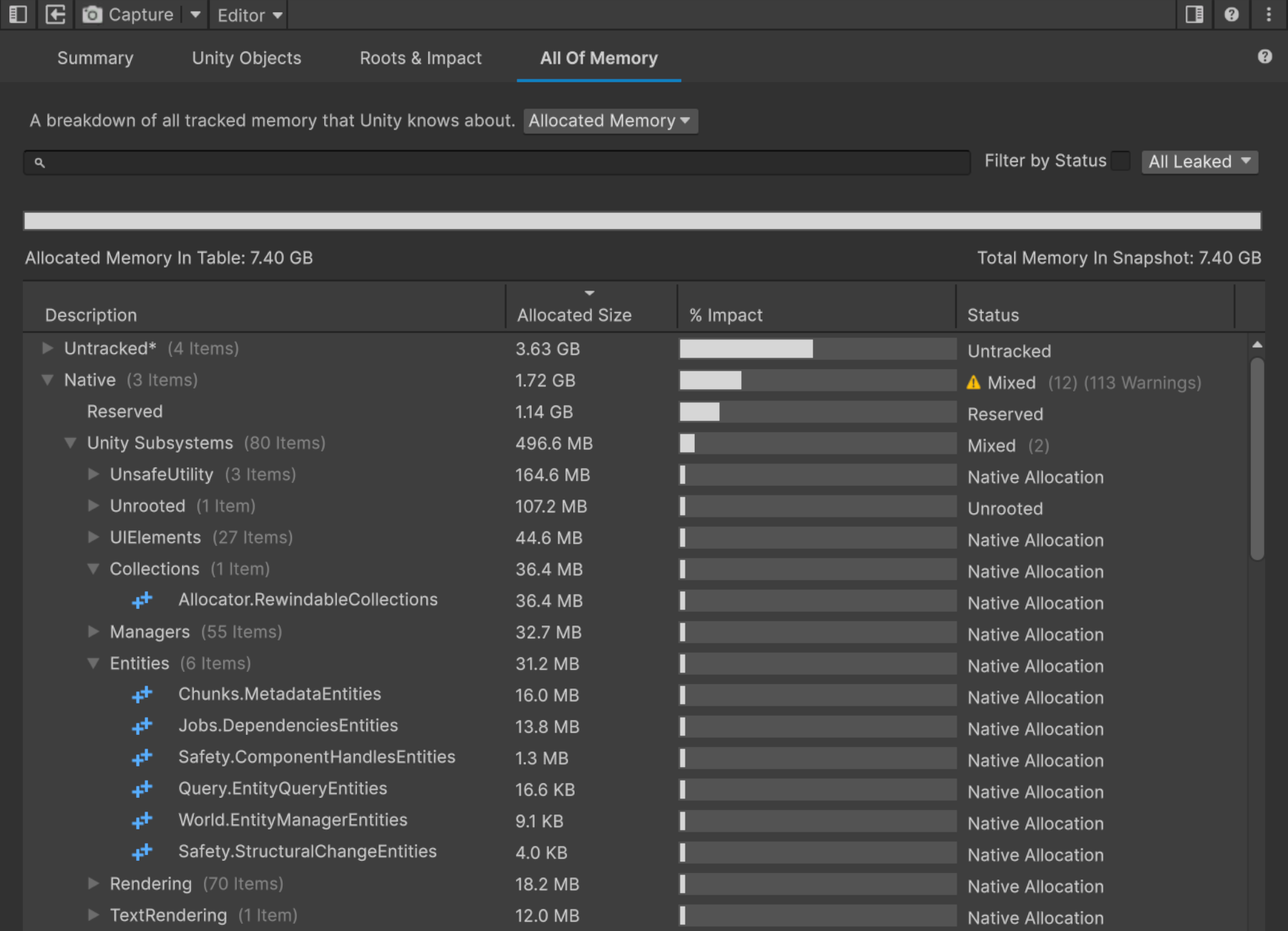 The All Of Memory tab of the Memory Profiler window, with the Collections and Entities area rows expanded under Native > Unity Subsystems