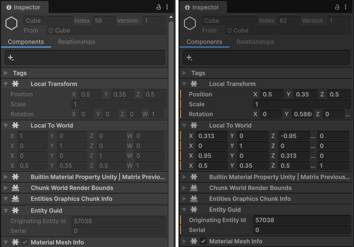 Entity Inspector in Edit mode (left), and Play mode (right). The orange vertical bars in Play mode that indicate that Unity destroys the data when you exit Play mode.