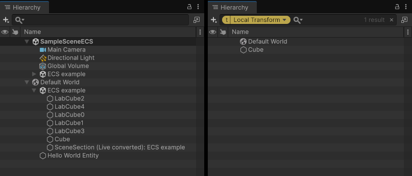 Hierarchy view with no filter (left), and with the t:LocalTransform filter (right)