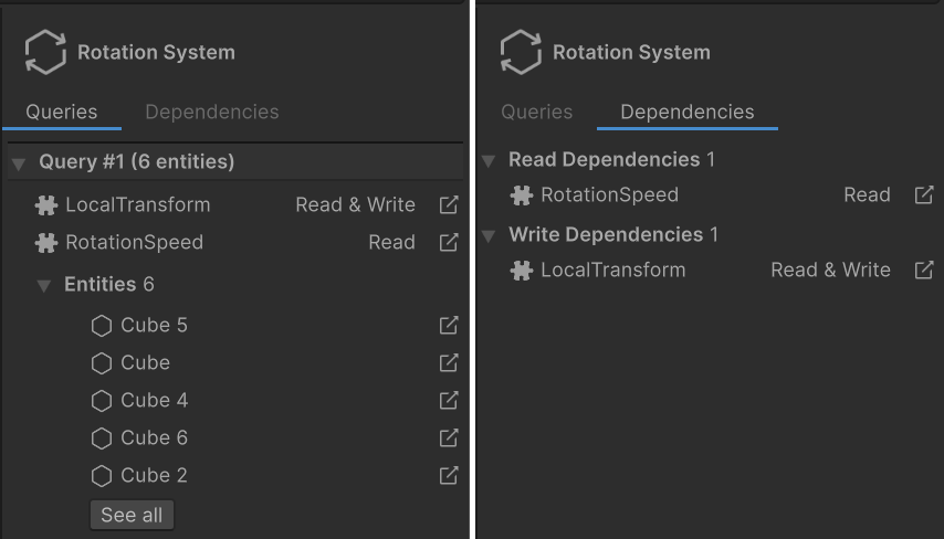 System Inspector: Queries (left), Dependencies (right)