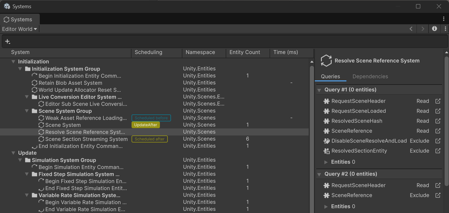Systems window showing hierarchical ordering of system updates