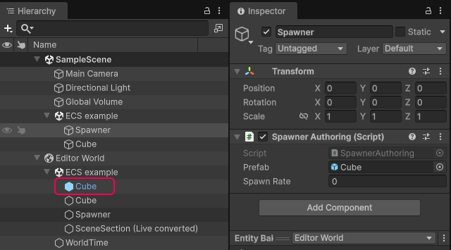 The Spawner GameObject in the Hierarchy window, and the Cube entity prefab under the world node.
