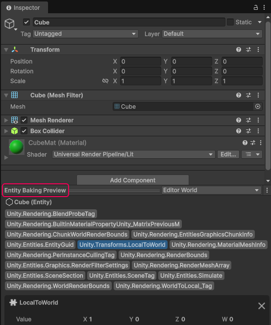 Inspector window displaying the Entity Baking Preview section with Unity.Transforms.LocalToWorld selected.