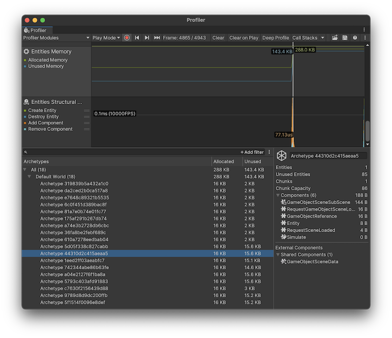 Entities Memory Profiler module with an archetype selected