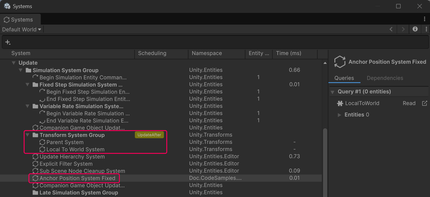 A custom system with execution order attribute that executes after Transform System Group