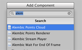 Add Component drop-down menu shows Alembic component options