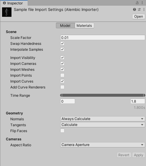 The Import Settings window (Model tab)