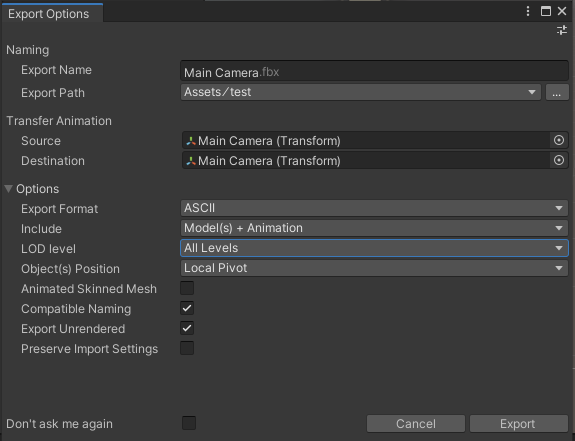 unity export fbx binary or ascii