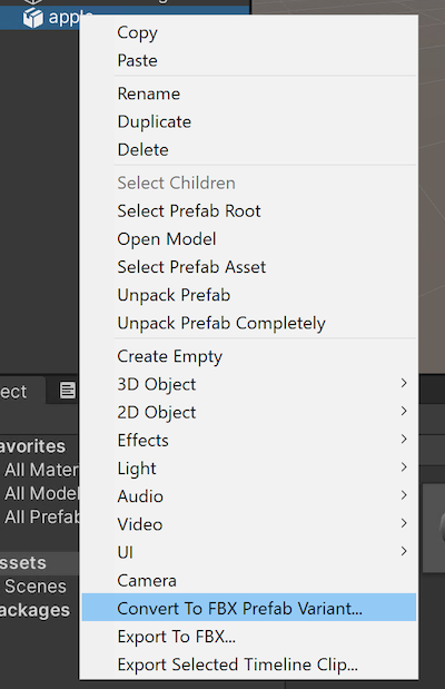 Convert GameObject to FBX Prefab Variant