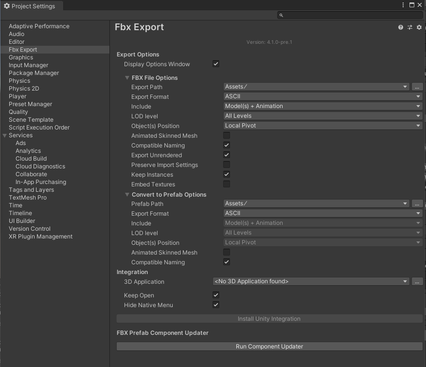 FBX Export Settings window