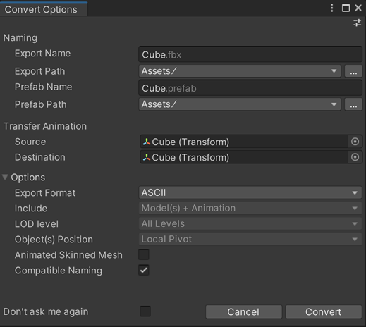 Convert Options for an FBX Prefab Variant