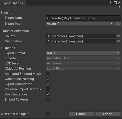 Export Options window