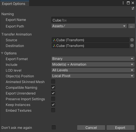 Export Options window