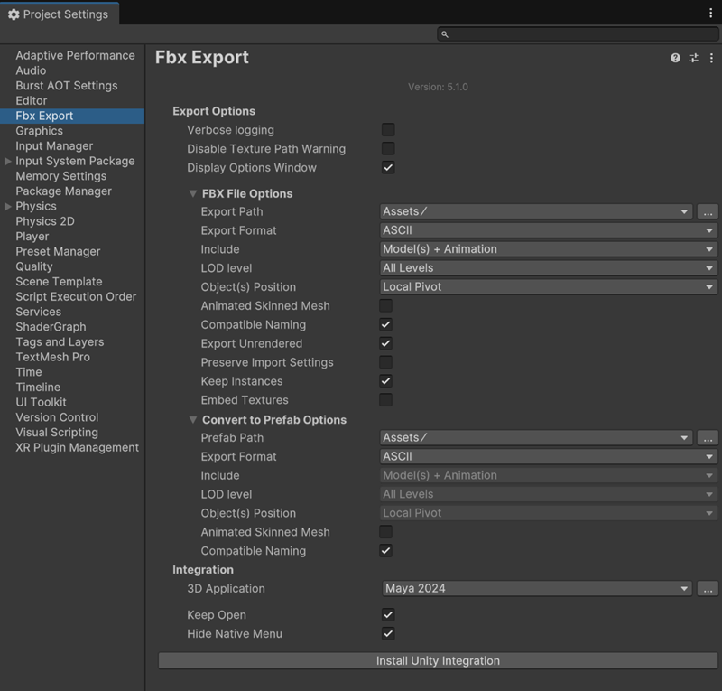 FBX Export Settings window