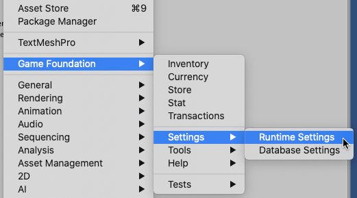 the Runtime Settings menu item