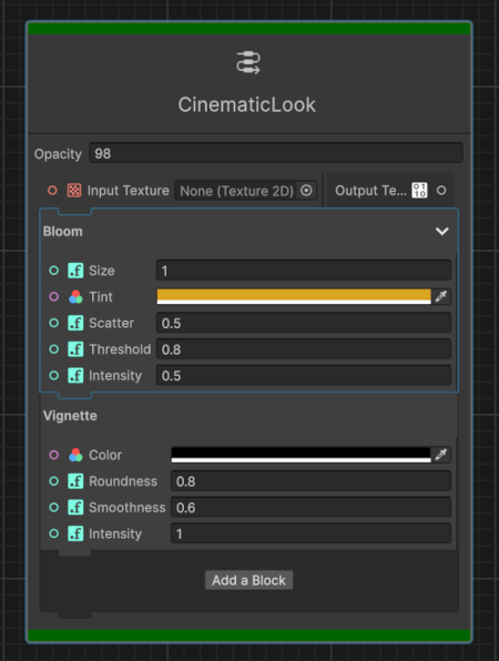 Cinematic Look context node example in a Graph Toolkit canvas