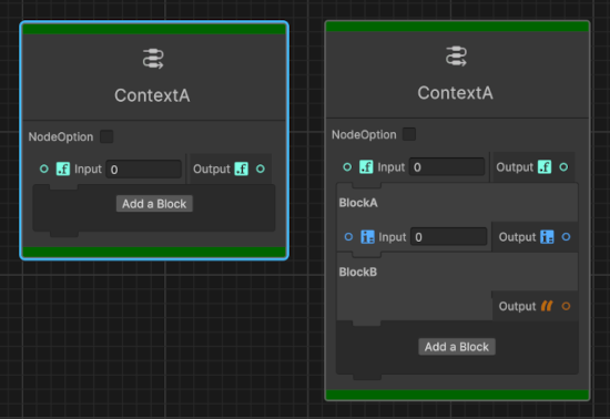 Two instances of the same context node in a Graph Toolkit canvas, one with no block node and another with two block nodes