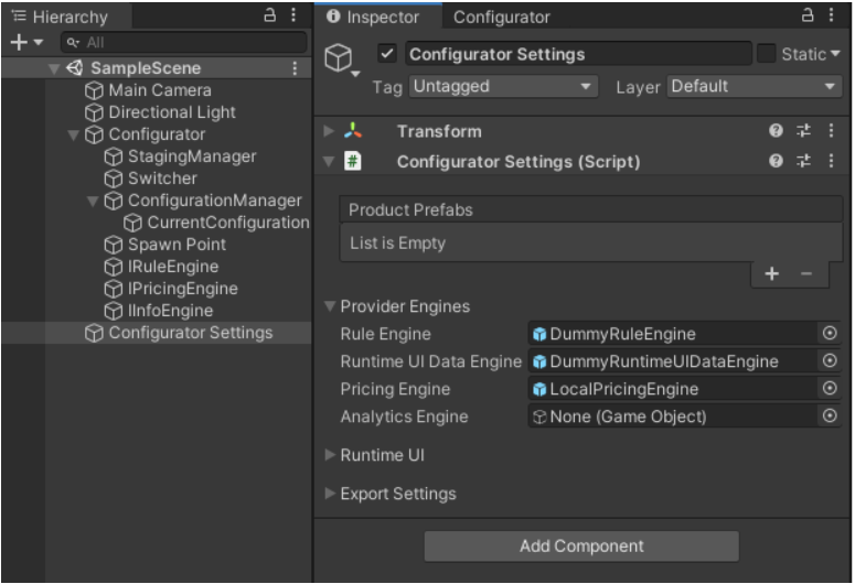 Configurator Settings component hierarchy