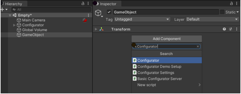 Adding a Configurator component to the GameObject