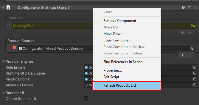 Screenshot of the Refresh Products List