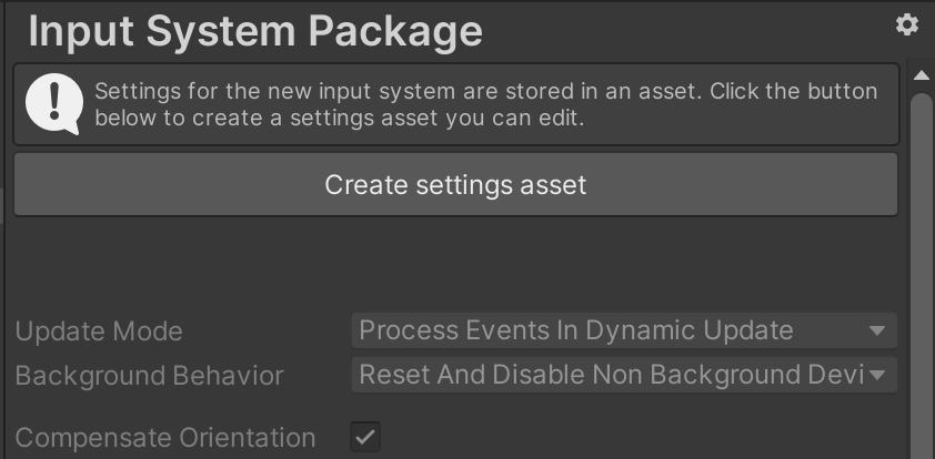 The Create Settings Asset button