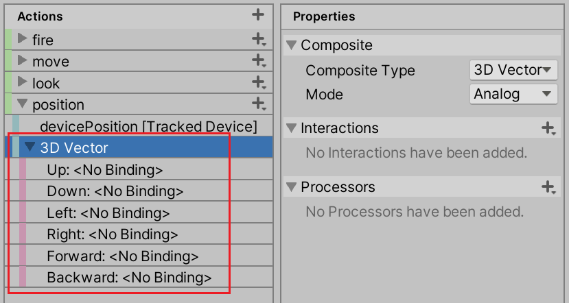The 3D Vector part bindings appear under the "position" action on the Actions panel.