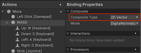 The Composite Type binding is set to 2D Vector binding on the Actions panel.