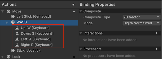 The WASD setting appears under the Move property on the Actions panel.