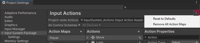 The Input Actions more menu as displayed in the Project Settings window