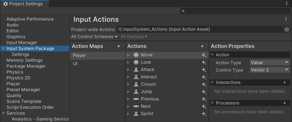 The Input Actions Settings window