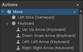 The Actions panel of the Input Actions Editor in Project Settings
