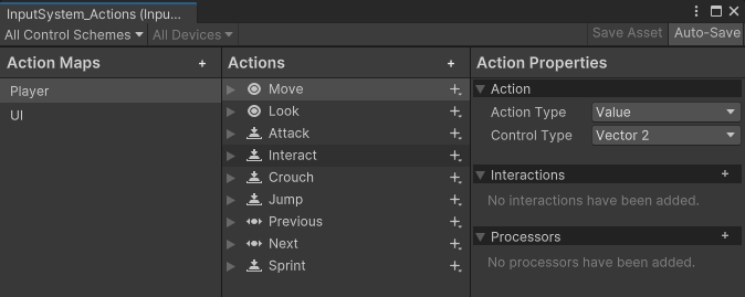Screenshot of the Input Actions Editor window displaying the default action map, Actions, and Action Properties. They are displayed in 3 columns side-by-side in that order.