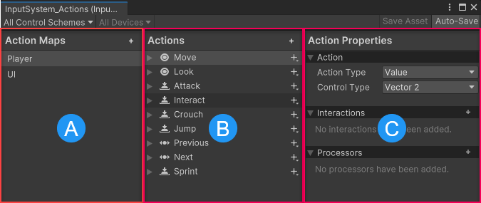 The Input Actions editor, displaying the default actions