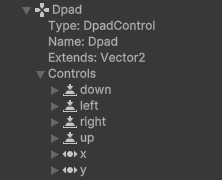 The Dpad control as viewed in the Input Debugger window, showing its child controls of down, left, right, up, x, and y.