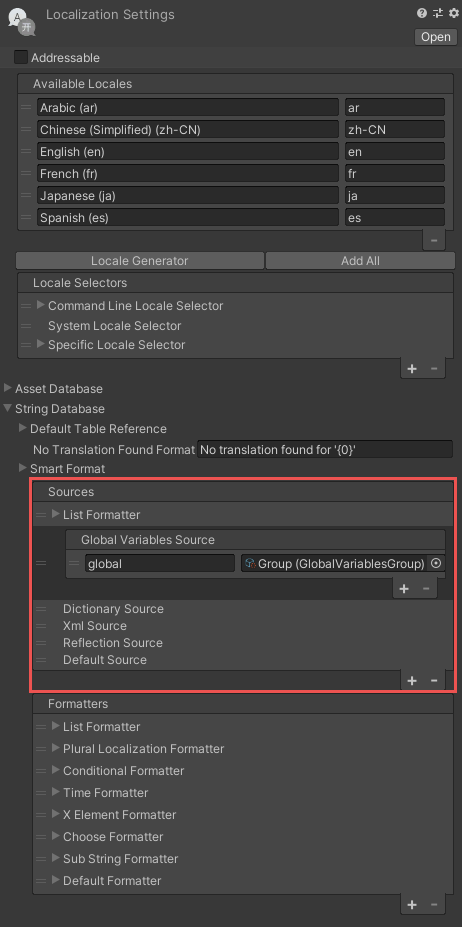 To allow Smart Strings to access Global Variables, you must add a Global Variables Source to the Smart Format Sources list.