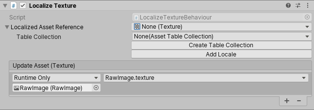 Unity automatically configures the Update Asset event for the Raw Image component.