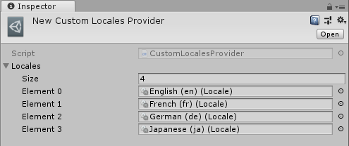 Custom Locales Provider asset editor.