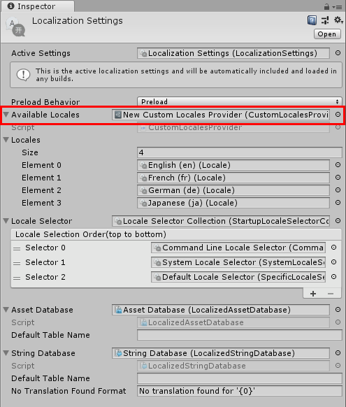 Assigning the Custom Locales Provider to the Localization Settings.