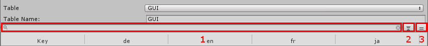 The toolbar contains a search field(1), a button to toggle multiline editing(2) and a button to toggle inline editing(3).