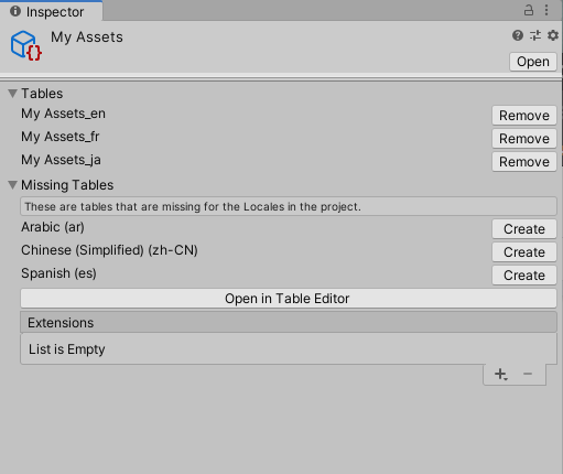 Asset Table Collection inspector view.