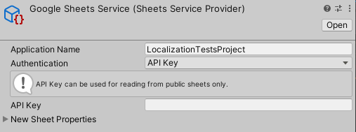 A Sheets Service Provider asset named Google Sheets Service, with Authentication set to API Key.