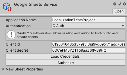 A Sheets Service Provider asset named Google Sheets Service, with Authentication set to OAuth.