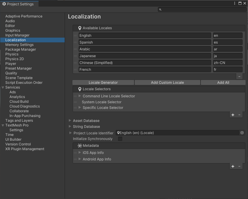 Default Localization Settings.