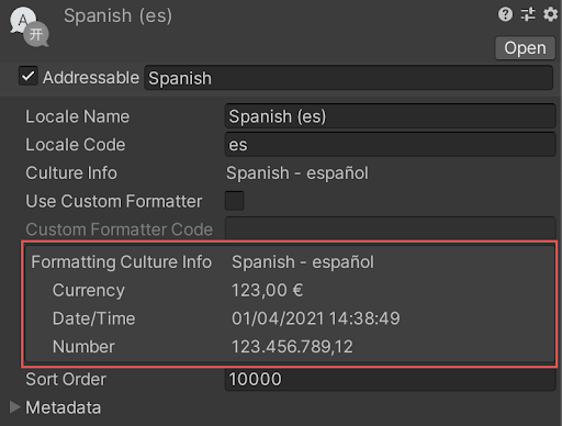 Locale Inspector window for a Spanish locale. The Formatting Culture Info field is highlighted to show formatting for currency, date/time and numbers.