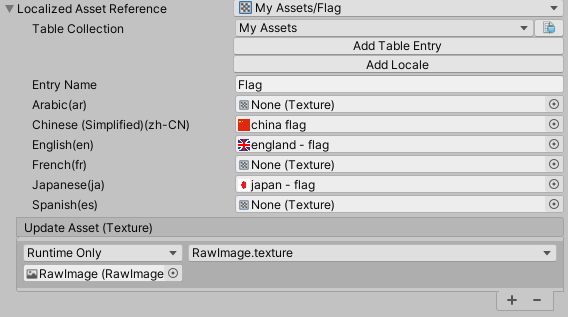 The LocalizedAsset editor in Unity.