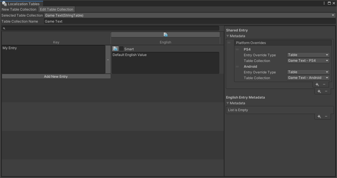 Example of a String Table Collection using Table Platform Overrides.