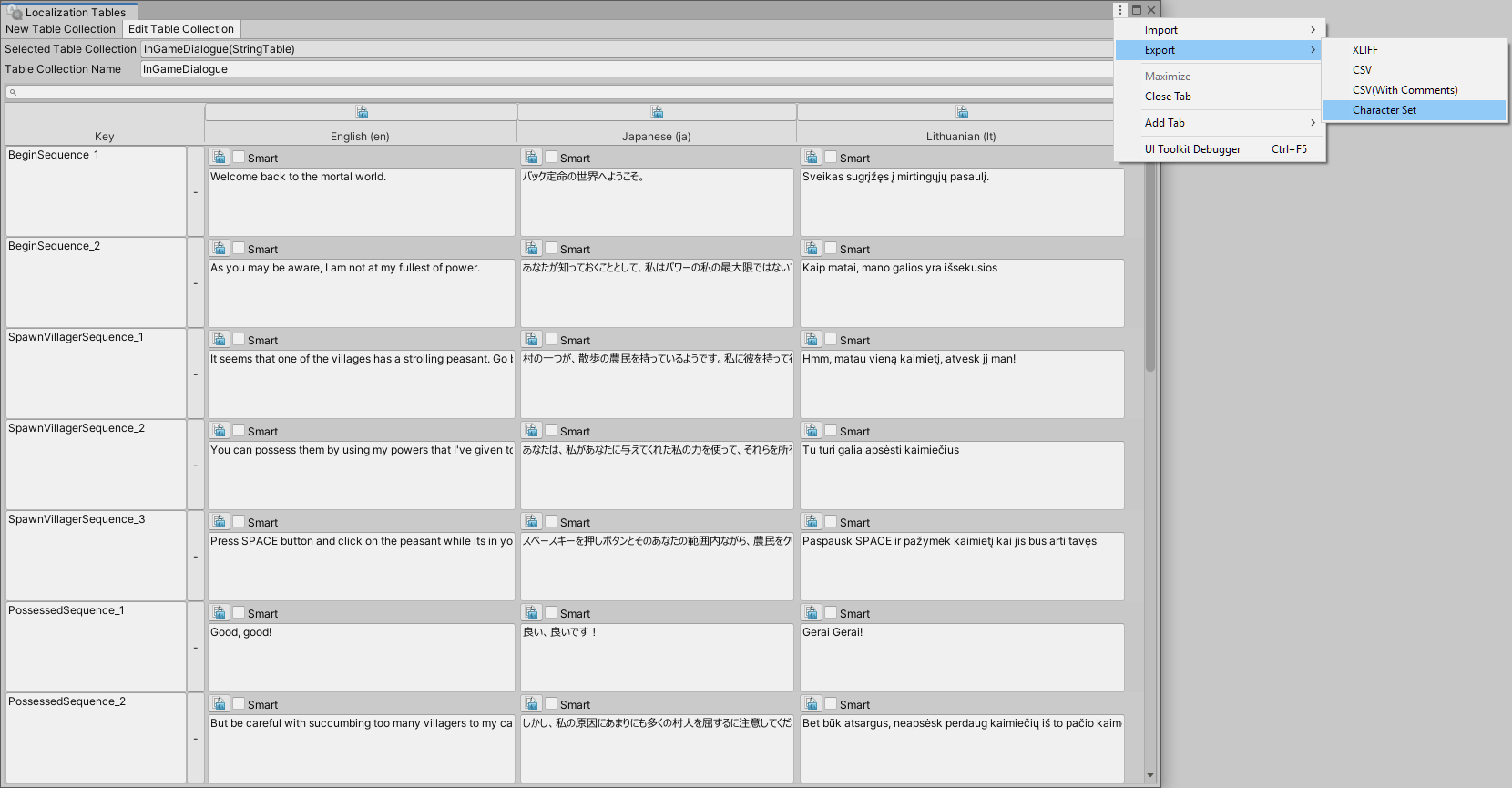 Exporting a Character Set from the Localization Tables Window